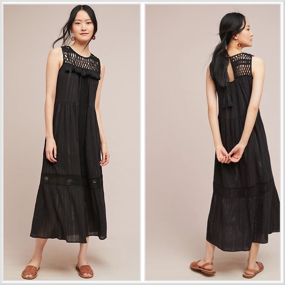 Anthropologie Dress Midi Black Boho Summer Tassels Crochet Metallic Extra Small